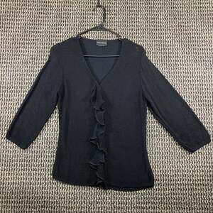 Sarah Arizona Women's M Black Ruffle Front Button Cardigan Sweater Made USA